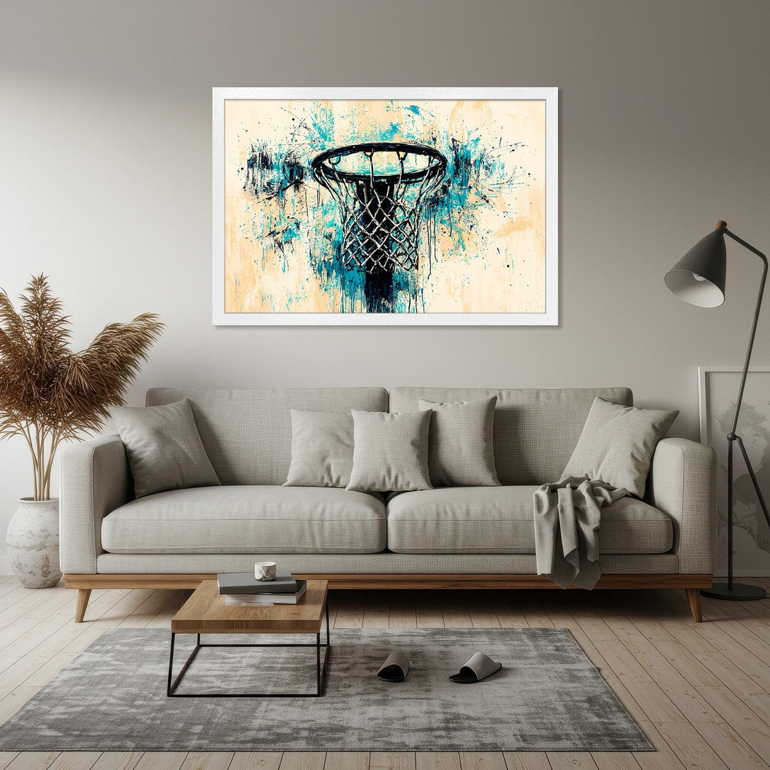 Framed Poster featuring a basketball hoop in an abstract style with a blue and beige color palette. Perfect wall art!