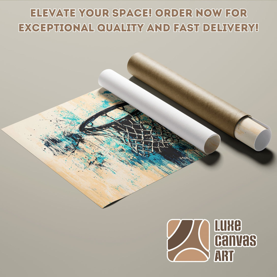 Abstract basketball net poster roll in teal & beige. Elevate your space with Luxe Canvas Art!