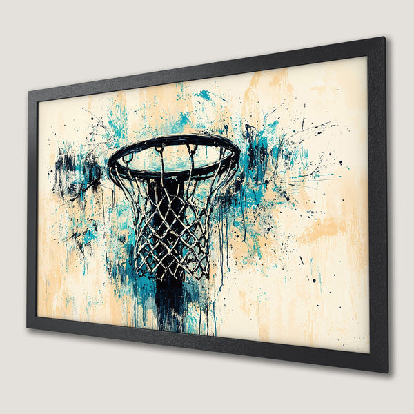 Framed Poster: Abstract basketball hoop art in teal, black, and beige. Modern wall decor.