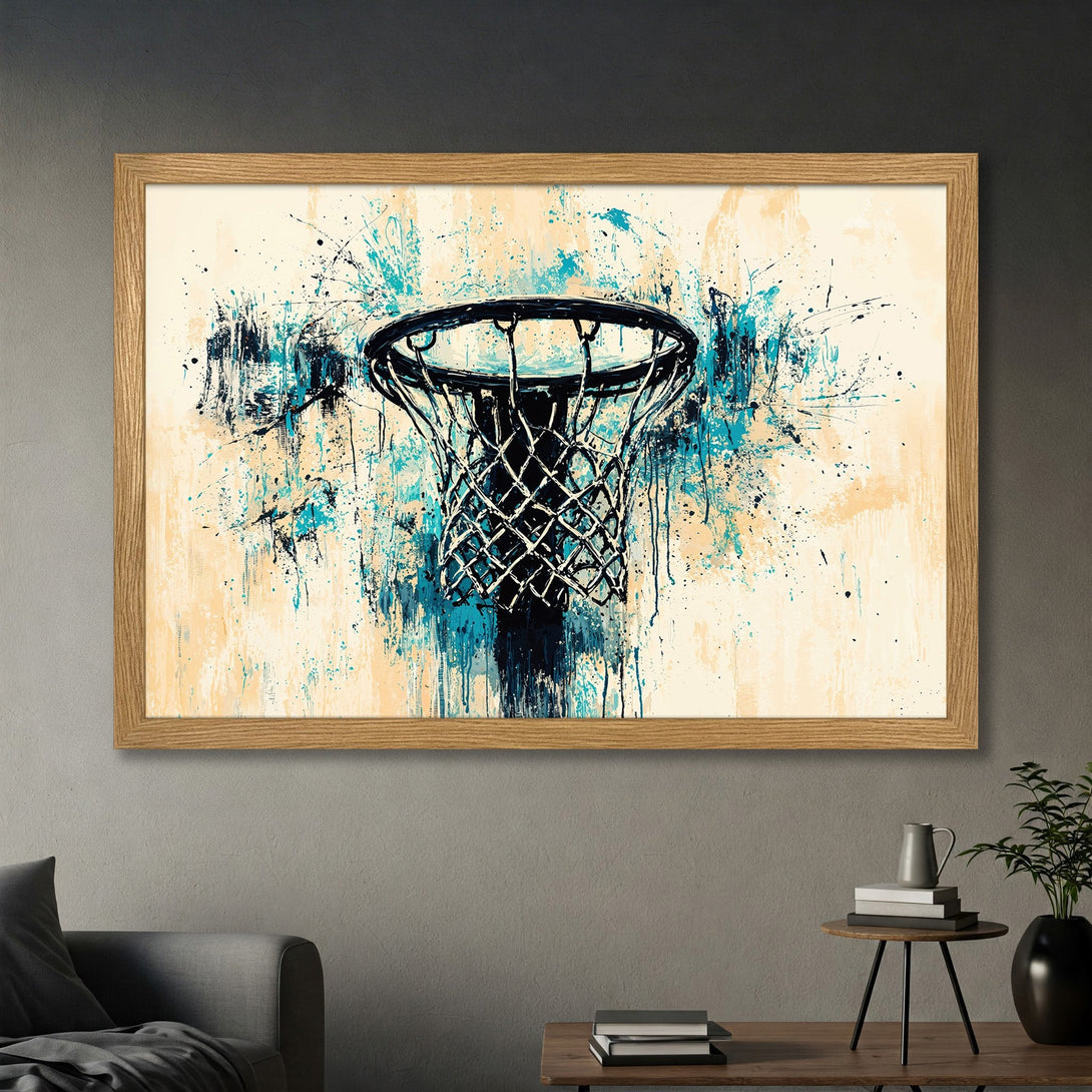 Framed Poster featuring a basketball net in an abstract style with teal and beige color palette. Perfect wall art for sports fans!