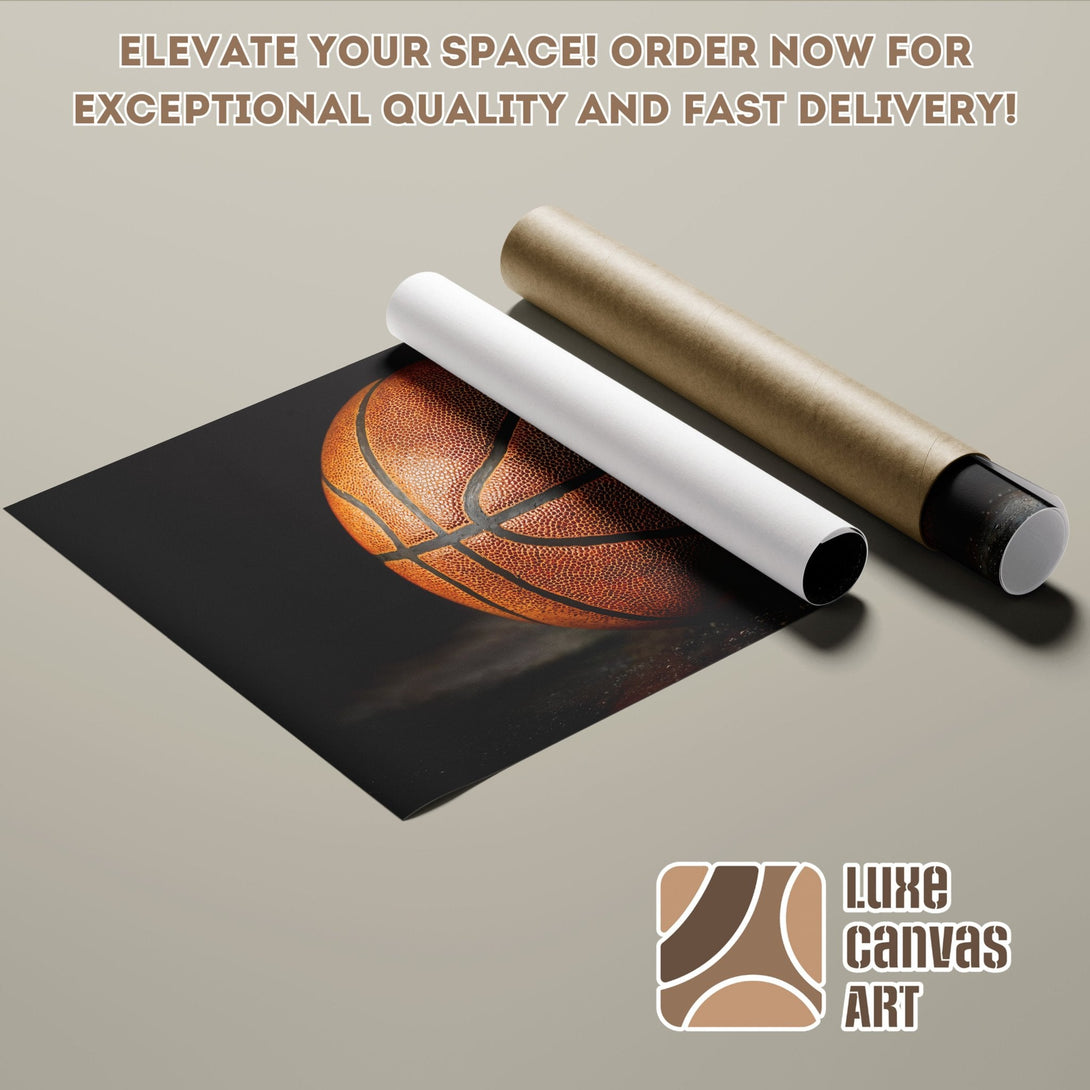 Basketball Poster Roll, realistic style, warm brown and black color palette. Elevate your space!
