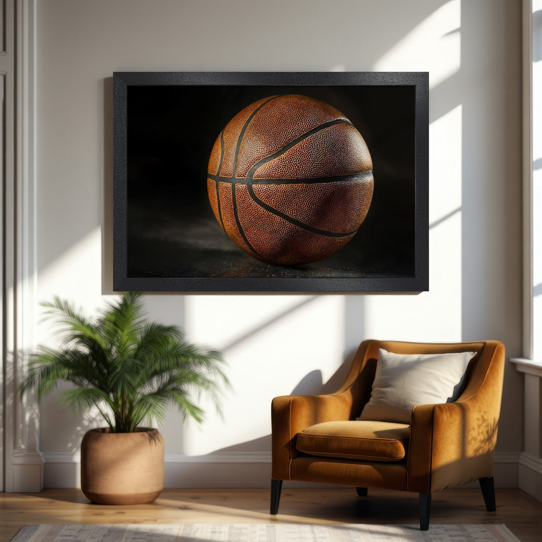 Framed Poster featuring a detailed basketball, warm tones, and a modern aesthetic. Perfect for sports fans!