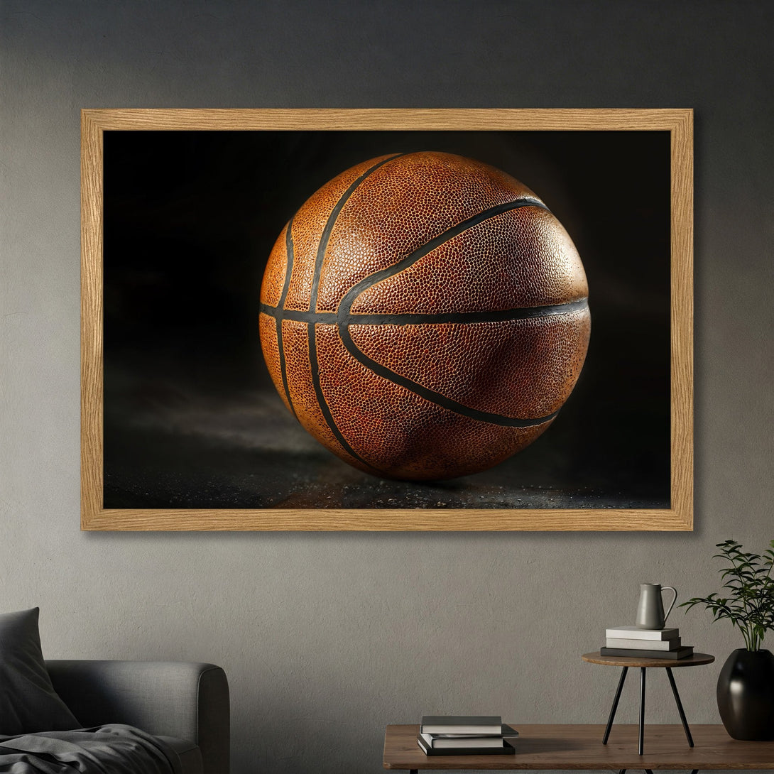 Framed Poster featuring a detailed basketball, dark background. Warm brown and black color palette, perfect for sports fans.