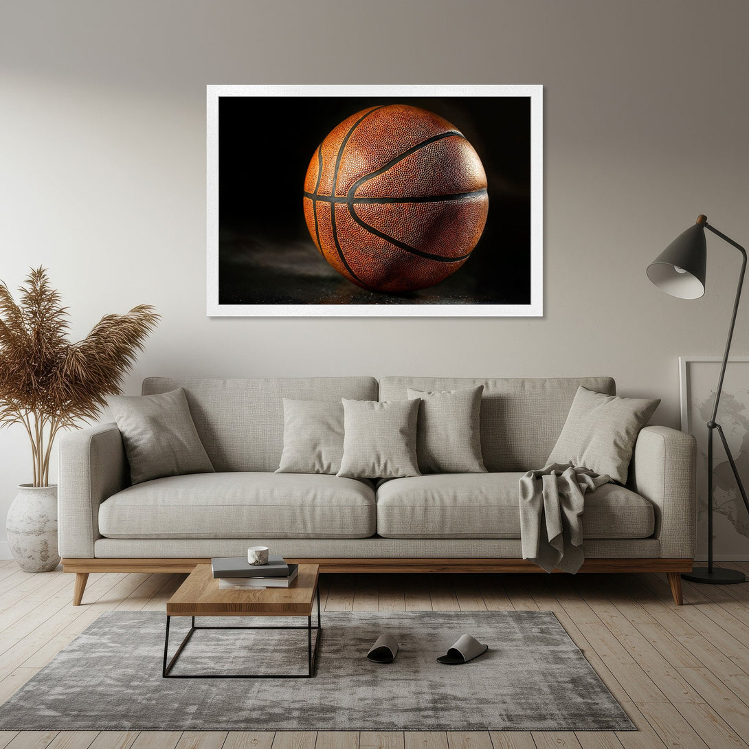 Framed Poster featuring a detailed basketball. Modern style with warm brown and neutral tones. Perfect wall art for sports fans!
