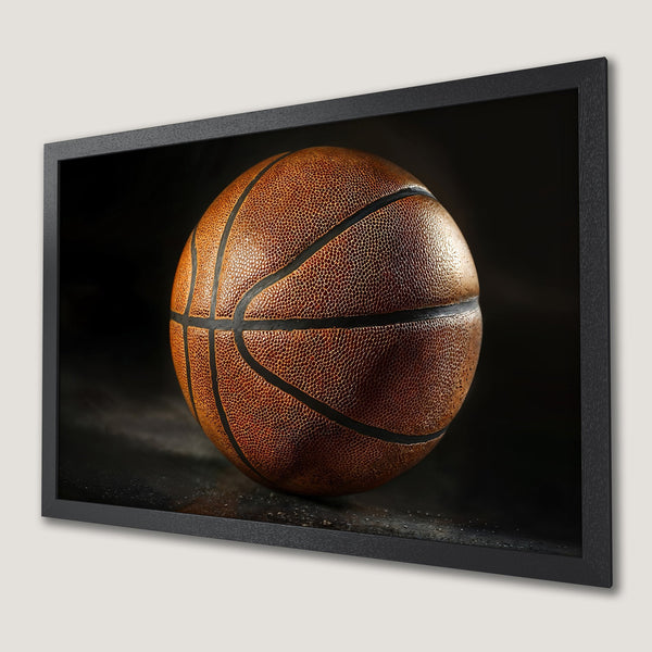 Framed Poster featuring a detailed basketball. Dark, moody style with brown and black tones. Perfect sports decor.