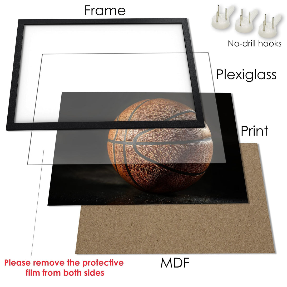 Framed Poster featuring a detailed basketball, modern style, with a brown and black color palette. Ready to hang!