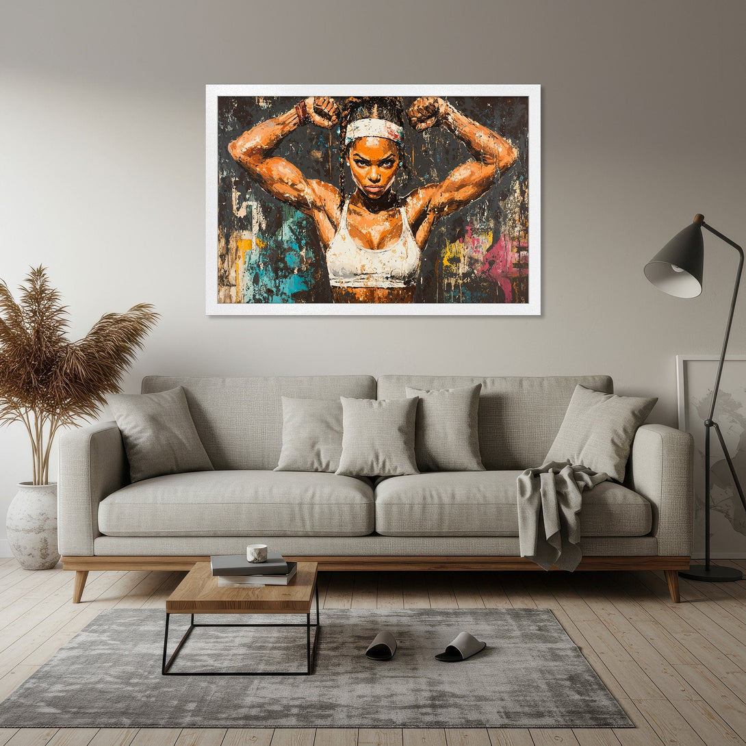 Framed Poster featuring a strong woman in an abstract style with a vibrant, colorful palette. Perfect wall art for your home!