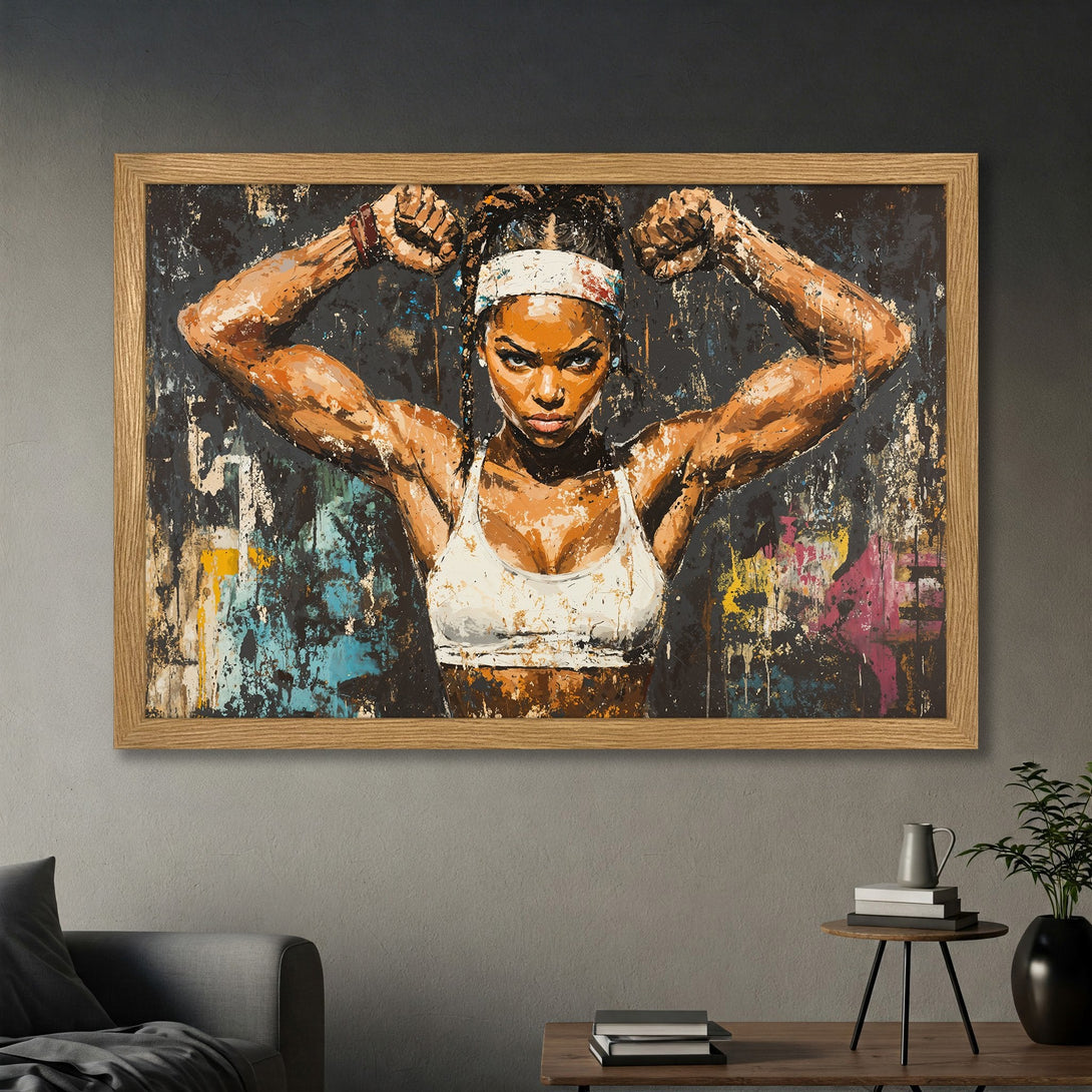 Framed Poster of powerful woman in abstract style, with dark & colorful palette. Perfect wall art for your home!