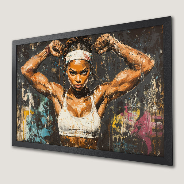 Framed Poster of a strong woman flexing. Abstract art style with a dark, moody palette and pops of color. Inspire your workout!