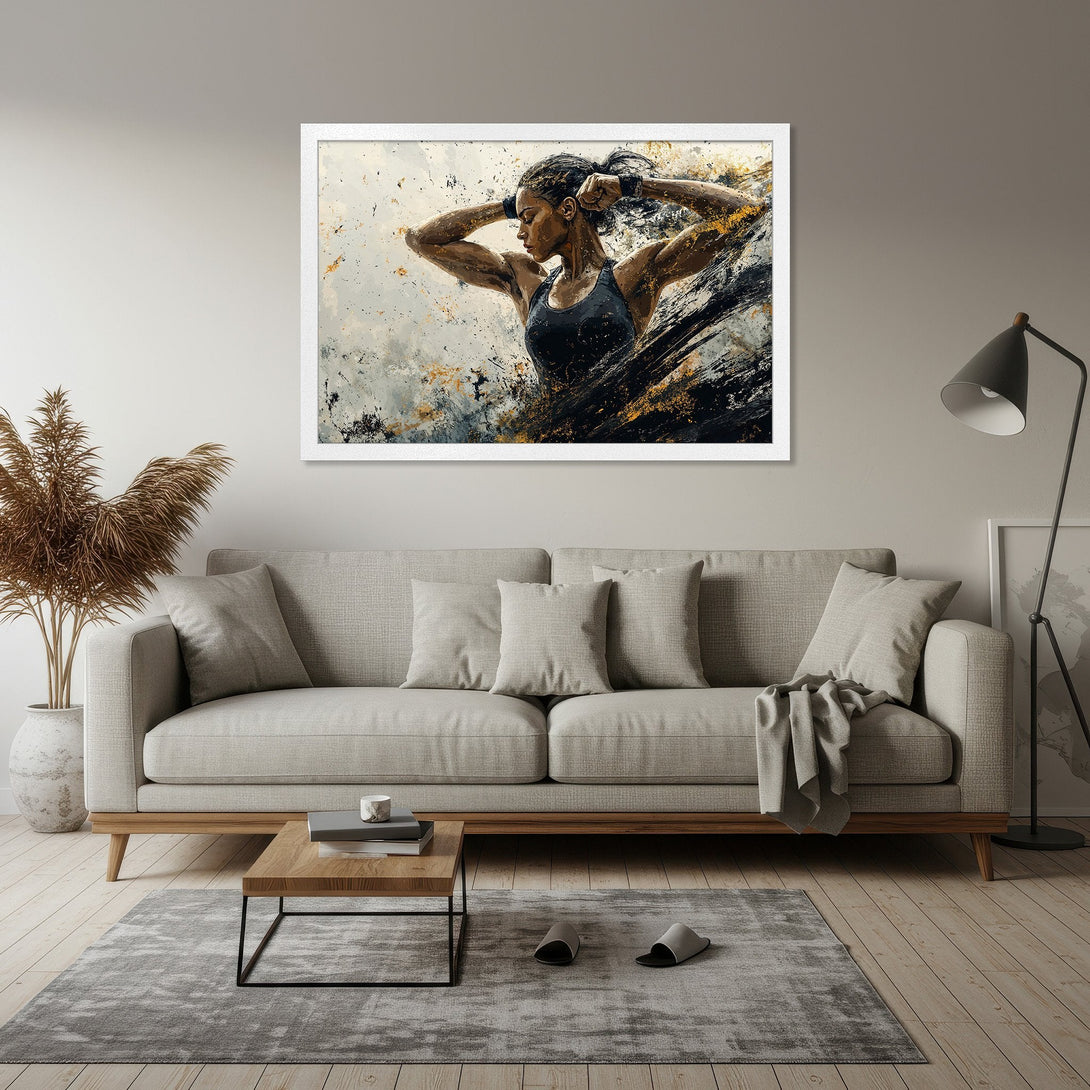 Framed Poster featuring an abstract art style of a woman in motion. Neutral tones with black and gold accents. Perfect home decor.