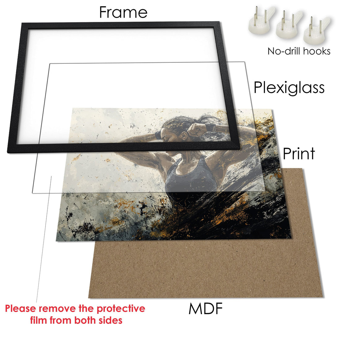 Framed Poster: Abstract art of a woman in motion, neutral tones with gold accents. Elevate your space with this stunning print!