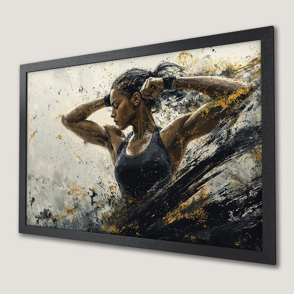 Framed Poster of a powerful woman in an abstract style, featuring a black, gold, and neutral color palette. Perfect for your home gym!