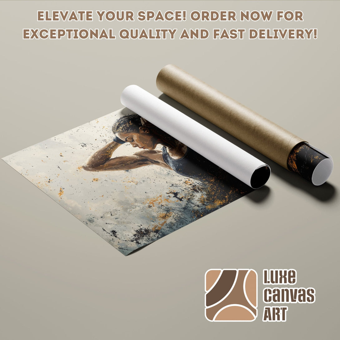 Abstract art poster roll featuring a woman, neutral palette. Elevate your space with Luxe Canvas Art!