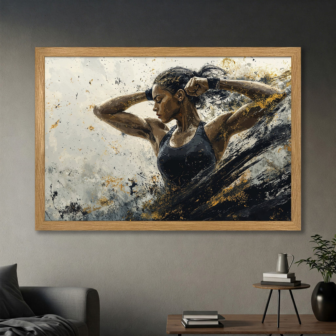 Framed Poster featuring a strong woman in abstract art style, with black, gold, and neutral tones. Perfect for your home gym!