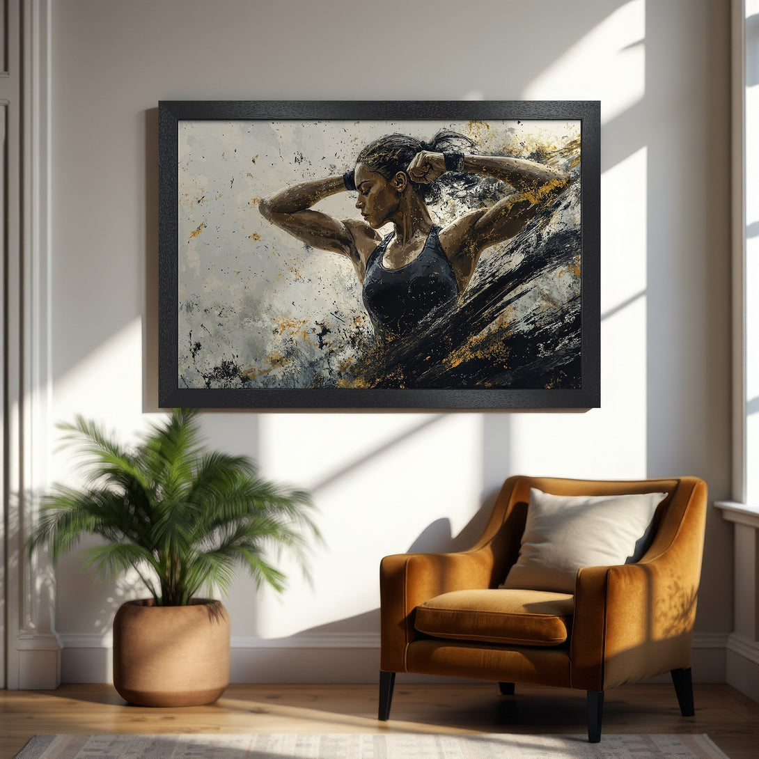 Framed Poster of a strong woman in a dynamic pose, abstract style with black, gold, and neutral tones. Perfect for home decor!