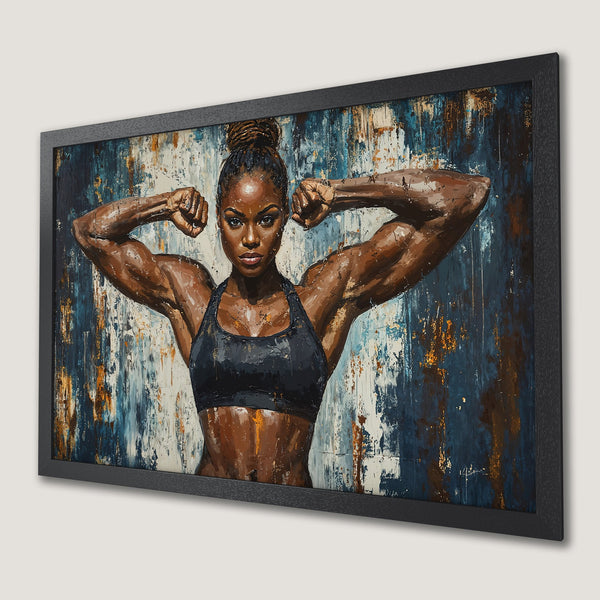 Framed Poster of a strong Black woman flexing. Abstract art style with blue, brown, and white color palette. Perfect for fitness inspiration.