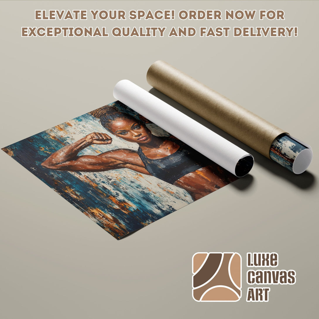 Abstract art poster roll featuring a strong woman, blue and brown palette. Elevate your space!