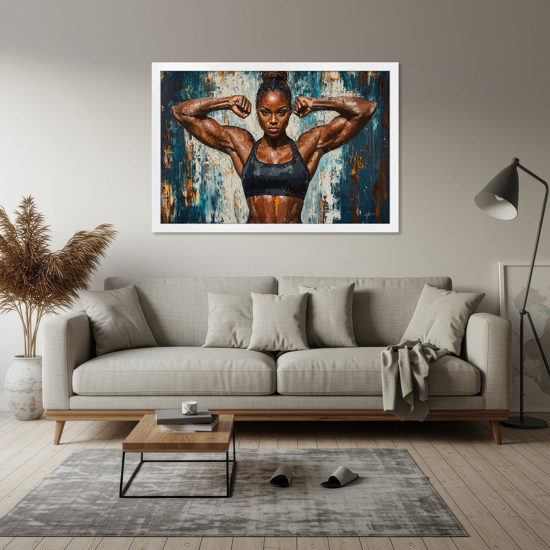 Framed Poster featuring a strong woman in a bold, abstract style with a blue and brown color palette. Perfect for gym or home decor.