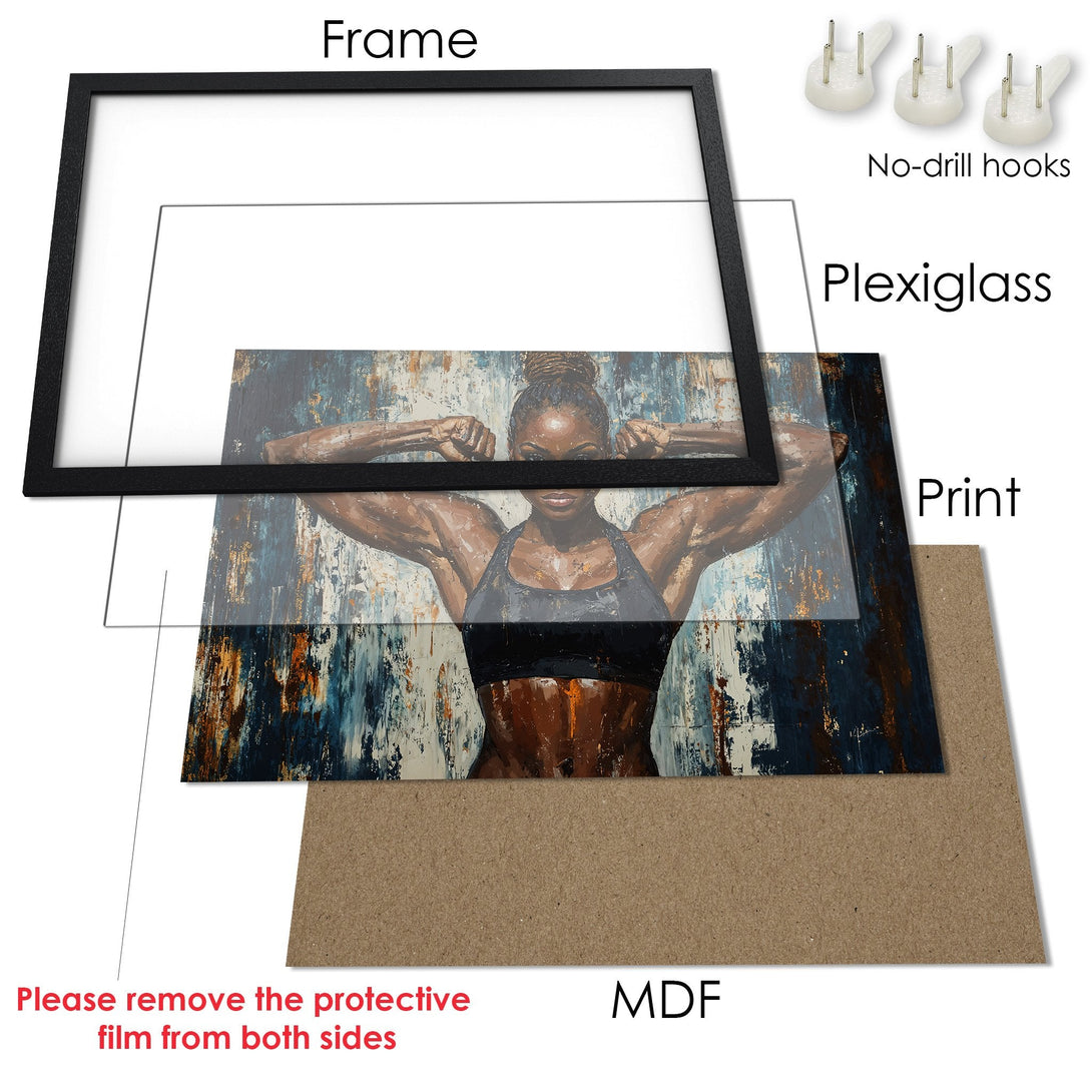 Framed Poster featuring a strong woman, abstract style, and a blue/brown color palette. Perfect wall art!
