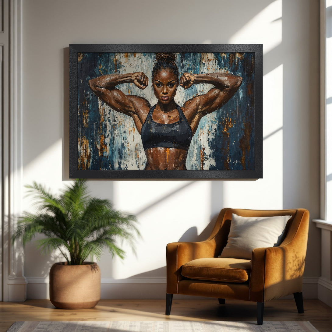 Framed Poster of a strong woman, oil painting style, with a blue and brown color palette. Perfect for your home gym!