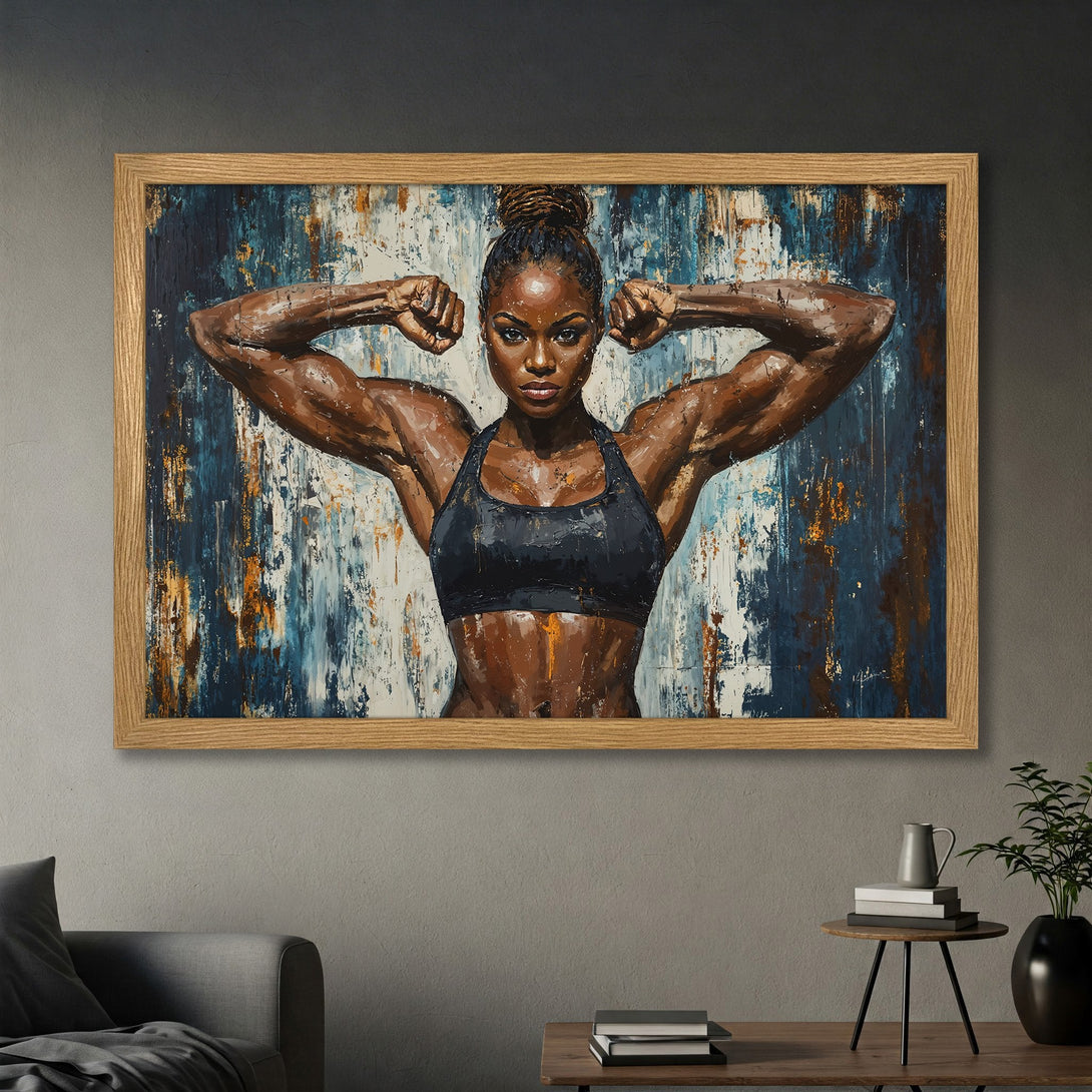 Framed Poster of a strong woman flexing. Abstract style with blue, brown, and white color palette. Perfect wall art for your home.