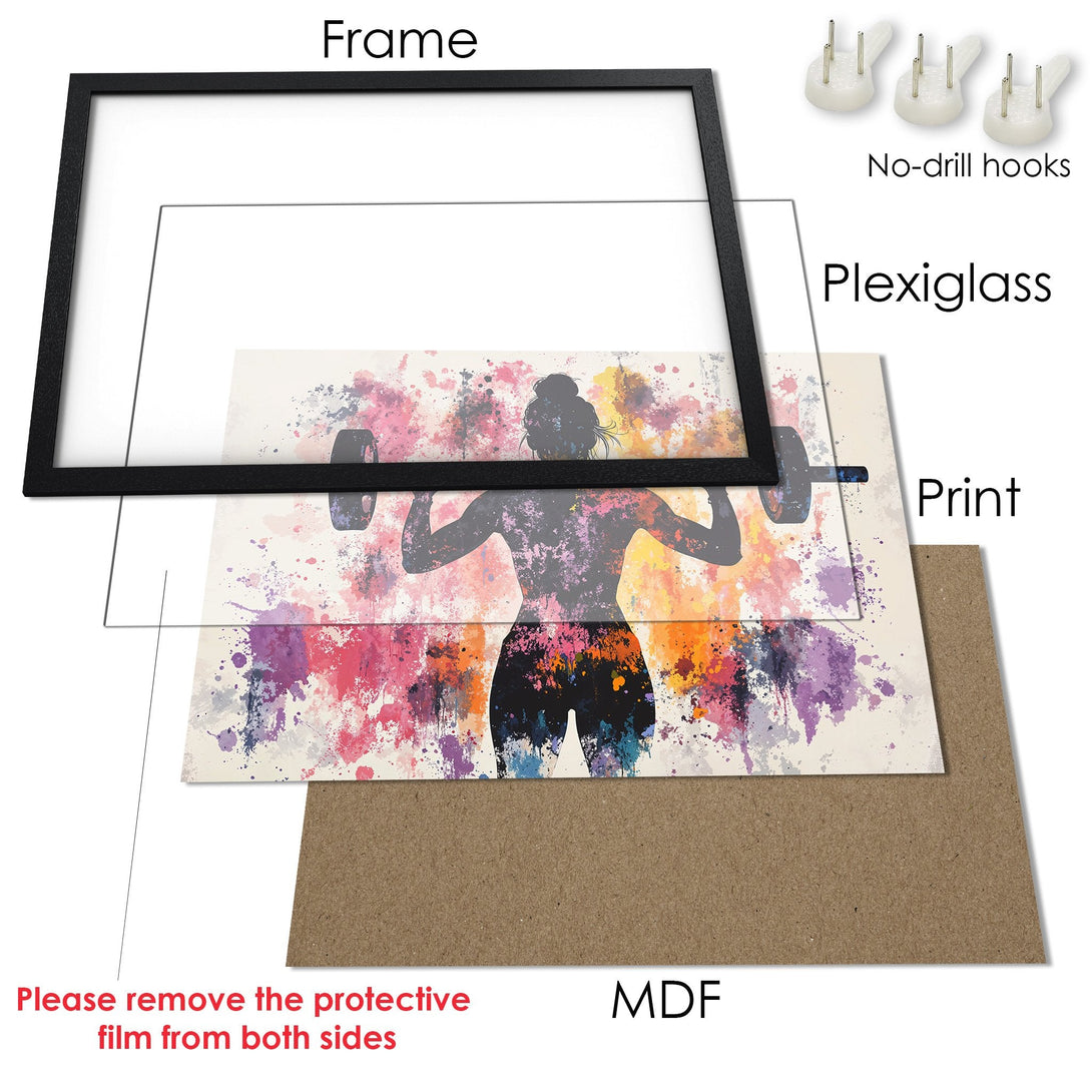Framed Poster: Watercolor fitness art with a vibrant, colorful palette. Perfect for your home gym!