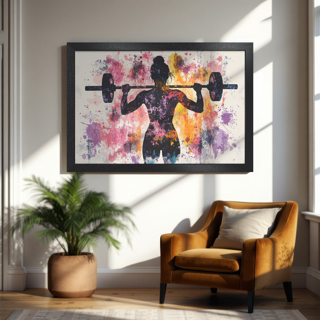 Framed Poster featuring a weightlifting woman in watercolor style. Vibrant pink, orange, and purple splashes create a dynamic, motivational art piece.