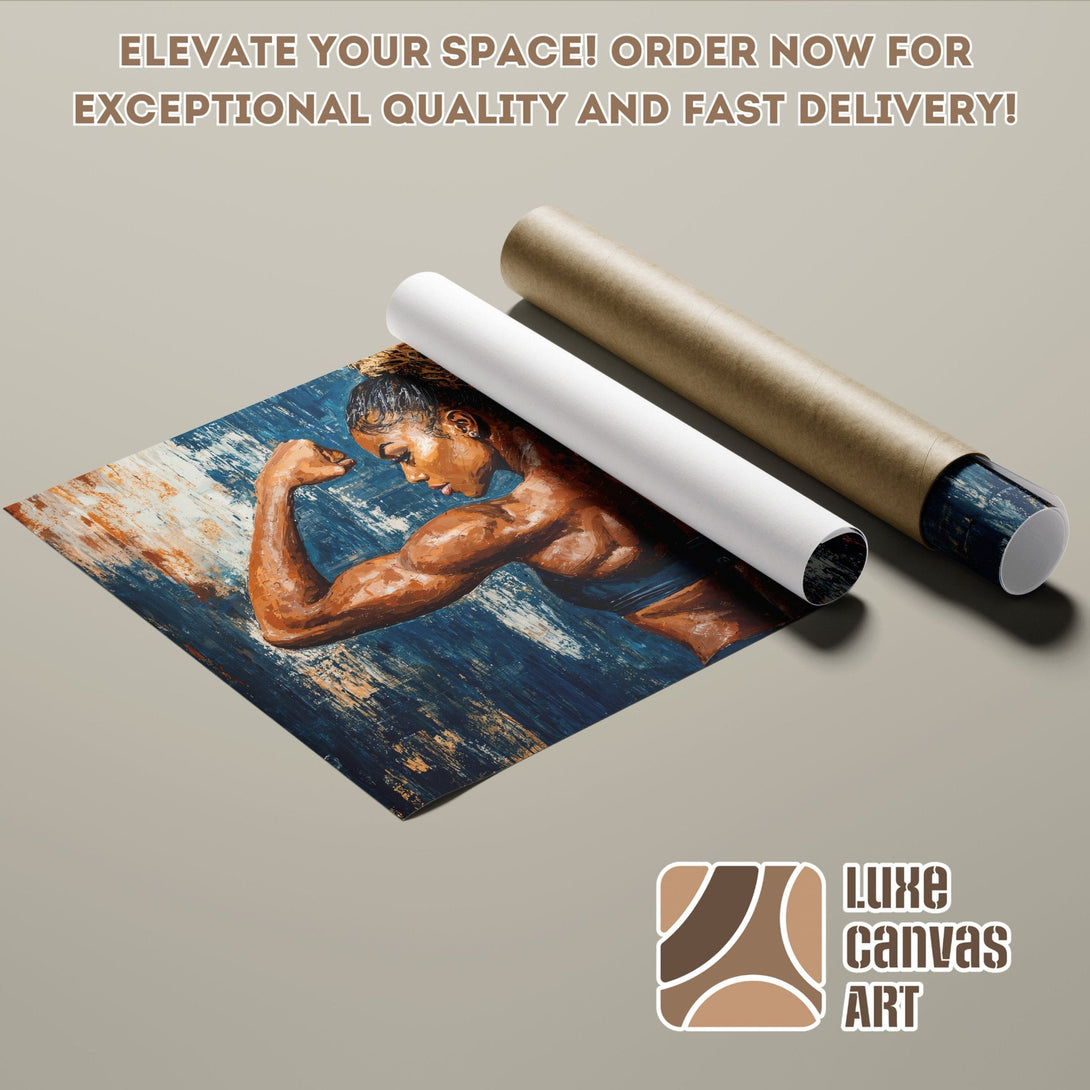 Poster Roll featuring a powerful woman in an abstract style, with blue and brown tones. Order now!