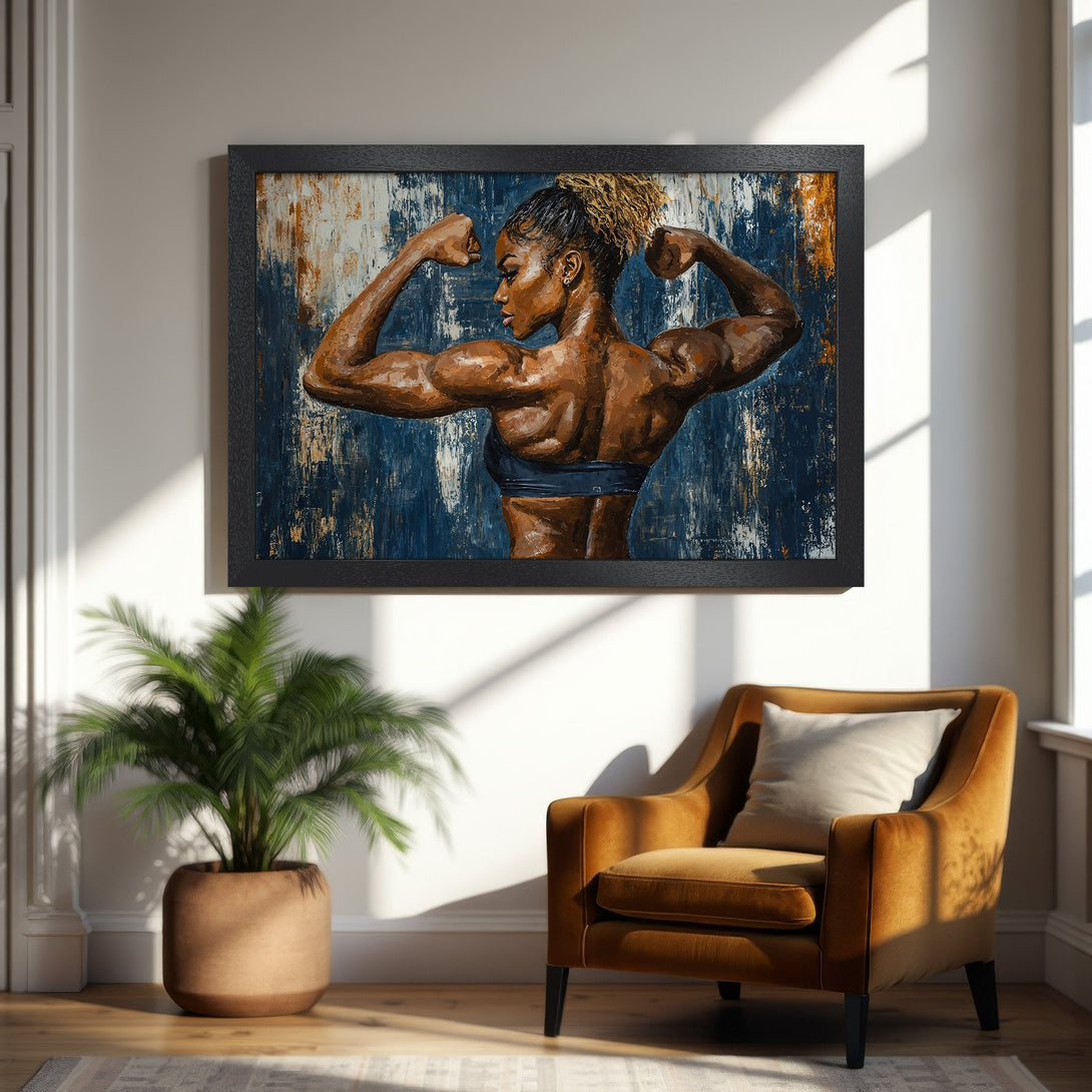 Framed Poster featuring a strong woman flexing, abstract art style with blue, brown, and orange tones. Perfect wall decor!