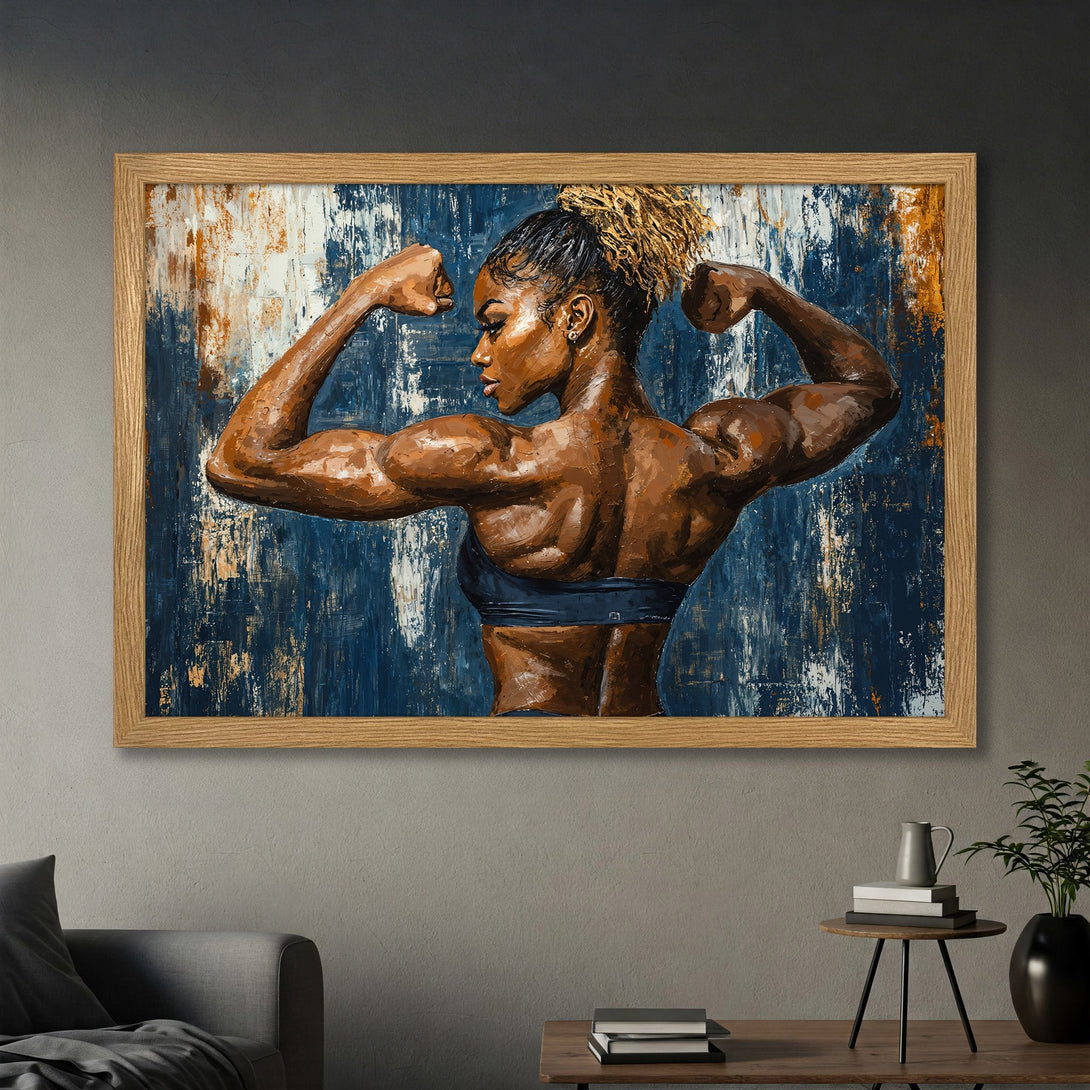 Framed Poster of a strong woman flexing, abstract style with blue, brown, and white color palette. Perfect for gym or home decor.