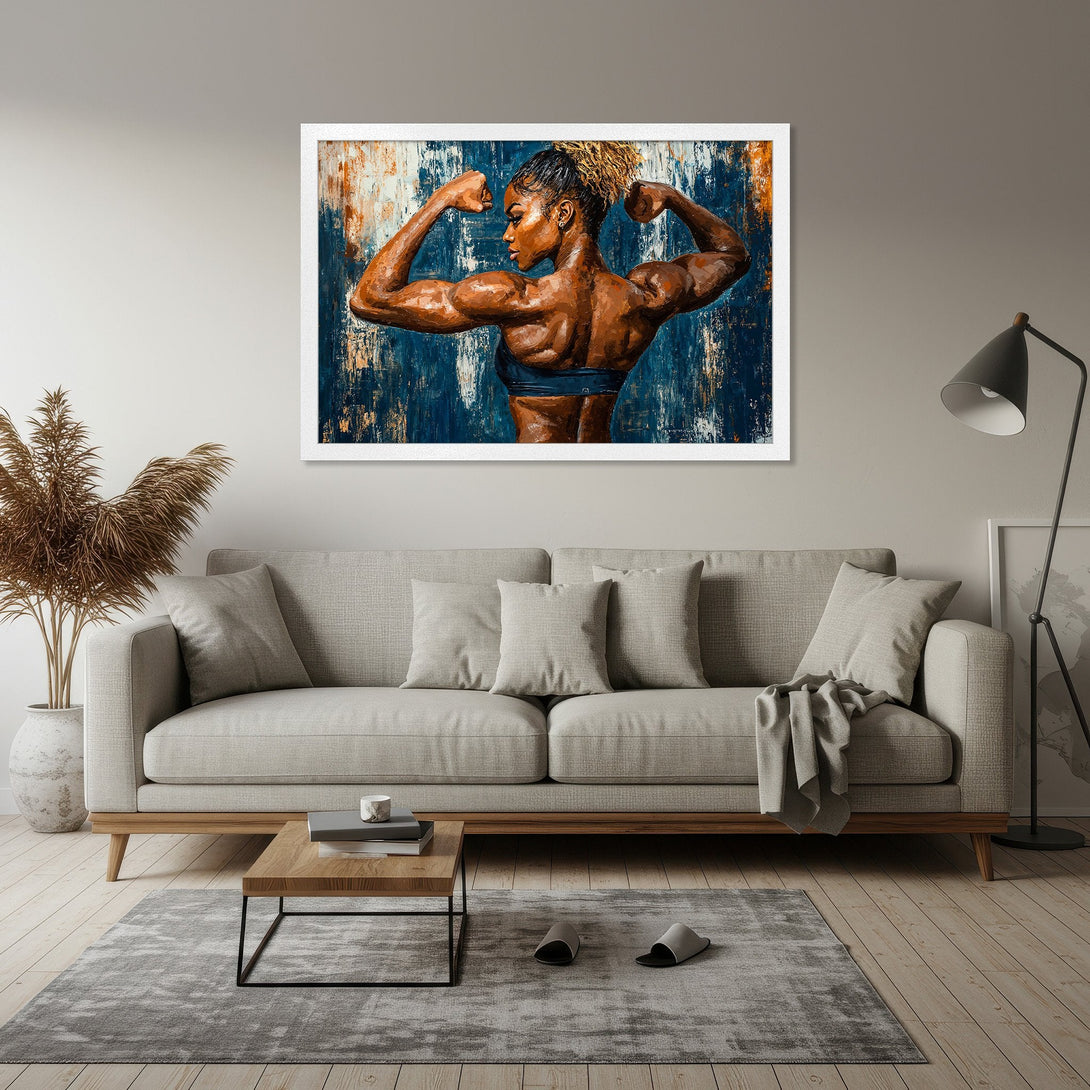 Framed Poster of a muscular woman flexing. Abstract style with a blue, brown, and orange color palette. Perfect wall art for your home.