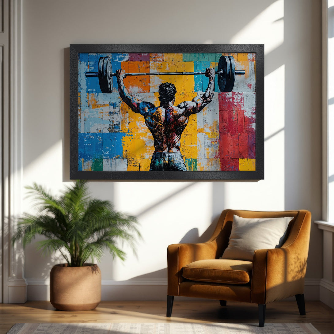 Framed Poster featuring a weightlifter in a colorful, abstract style. Vibrant blues, yellows, and reds create a bold statement piece.