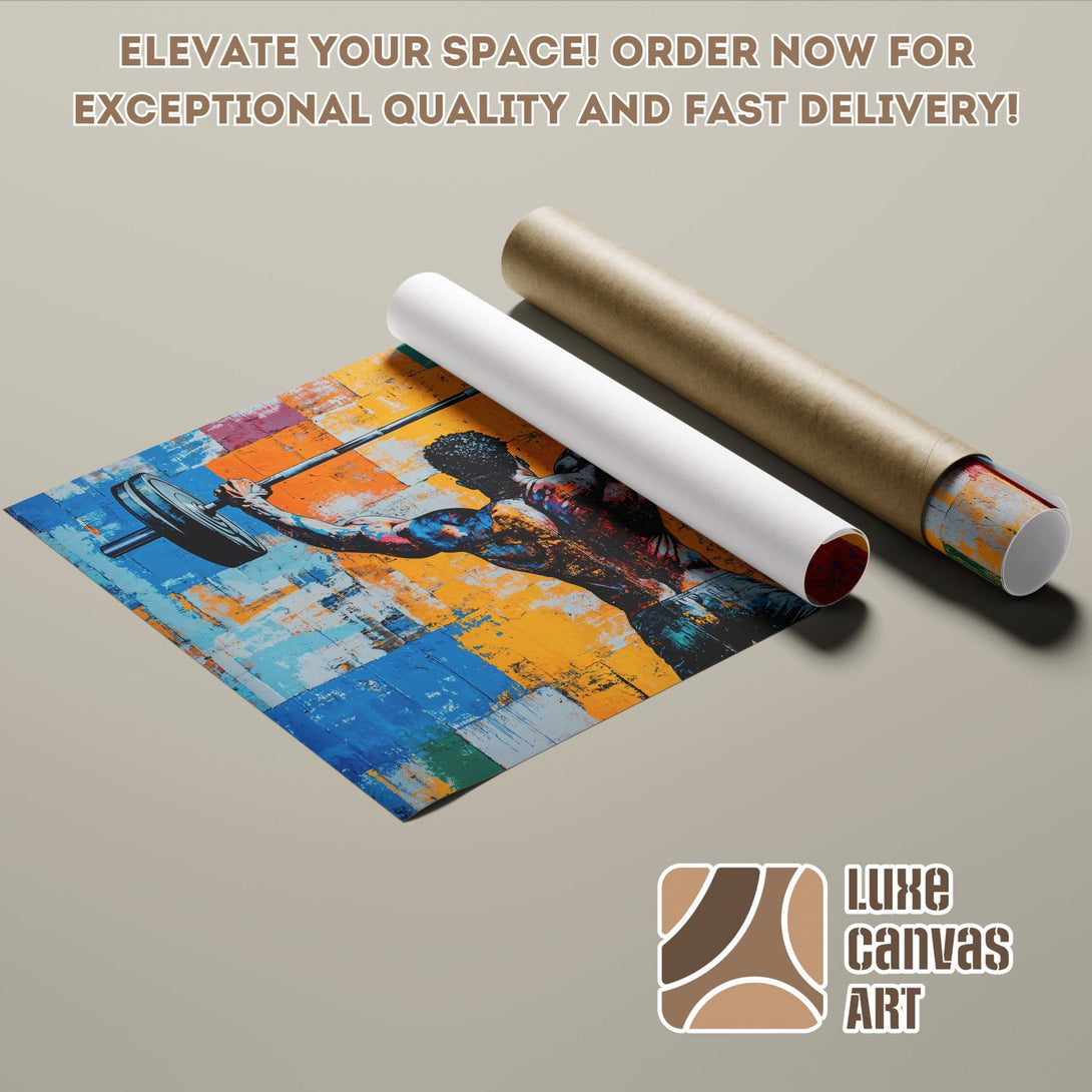 Abstract weightlifter Poster Roll with vibrant blue, orange, and yellow color palette. Elevate your space!