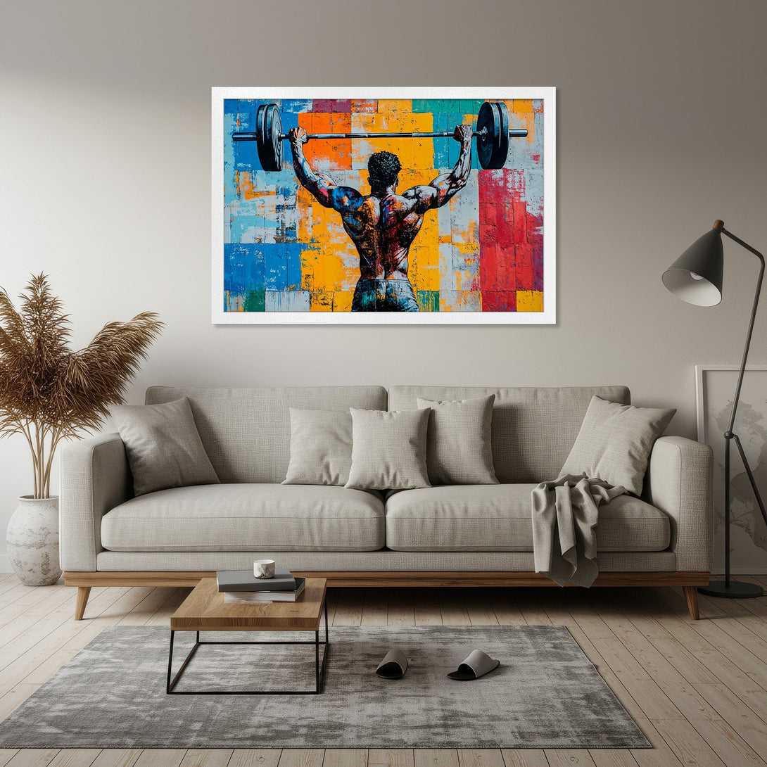 Framed Poster featuring a weightlifter with a colorful abstract background. Bold, vibrant art in a modern style. Perfect for gym or home decor.