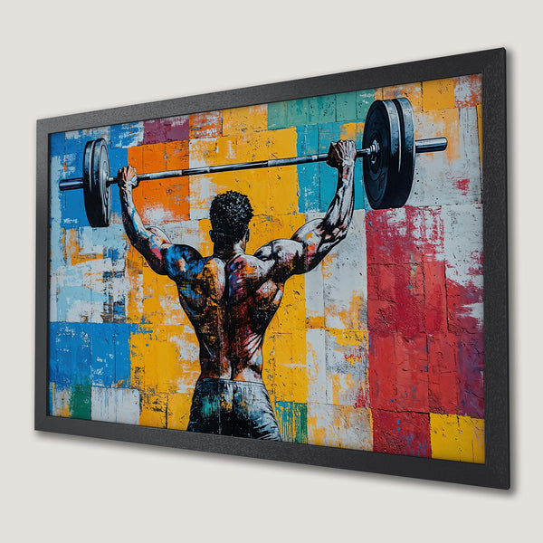 Framed Poster featuring a weightlifter in an abstract, colorful style. Bold, vibrant palette with yellow, blue, and red hues. Perfect for gym decor.