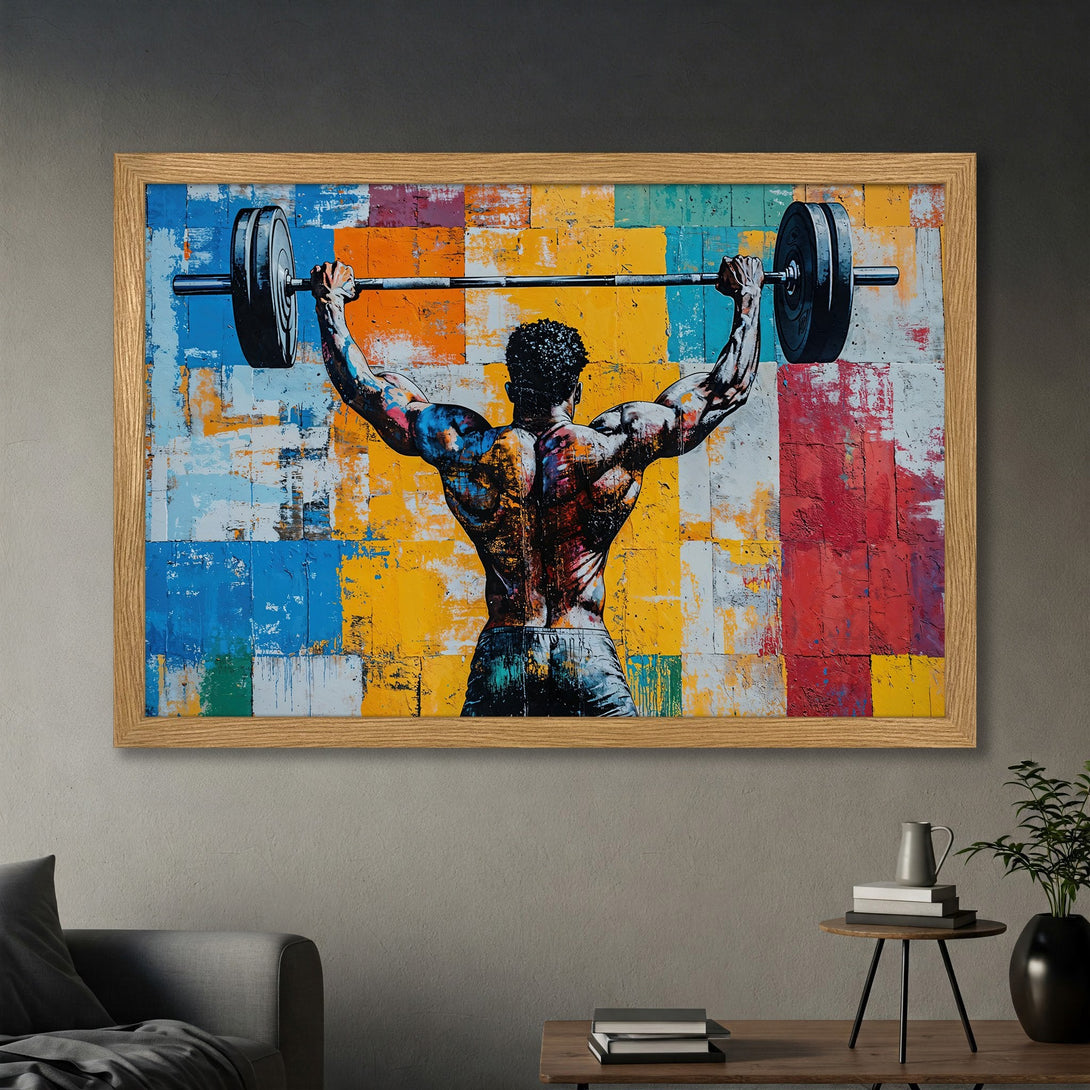Framed Poster featuring a weightlifter, bold abstract style with a colorful palette of blues, yellows, and reds. Motivational art for your space!