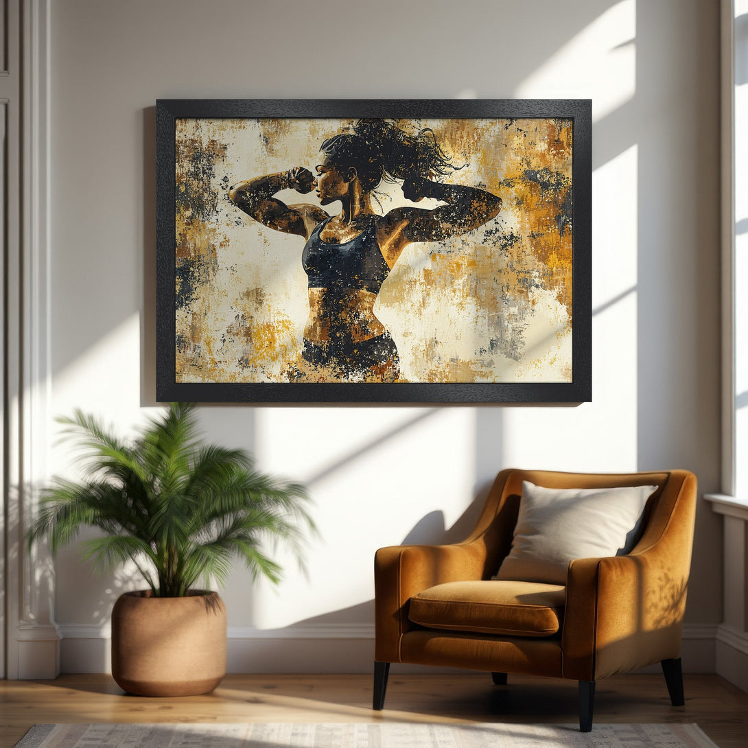 Framed Poster featuring a strong woman in an abstract style with a gold and black color palette. Perfect for home decor!
