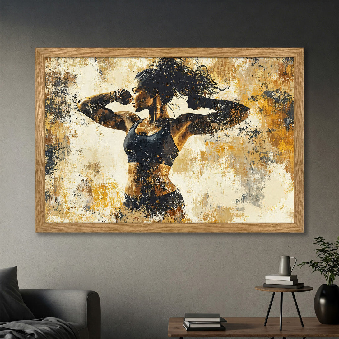 Framed Poster of a strong woman flexing, abstract art style, warm earth tones. Perfect for home gym decor!