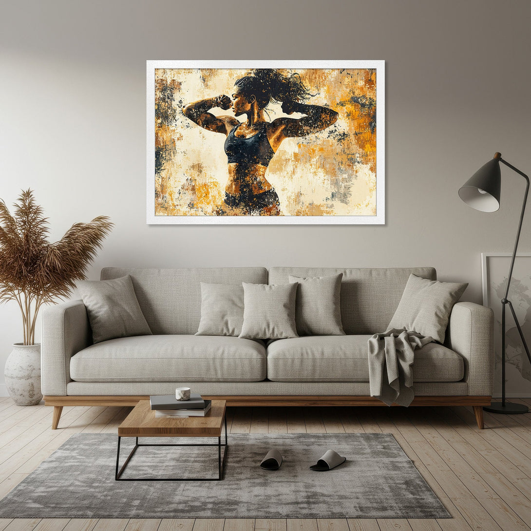 Framed Poster featuring a strong woman in an abstract style with a neutral and warm color palette. Perfect for home decor!