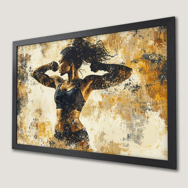 Framed Poster of a strong woman in abstract style, featuring a warm color palette of gold, black, and beige. Perfect wall art!