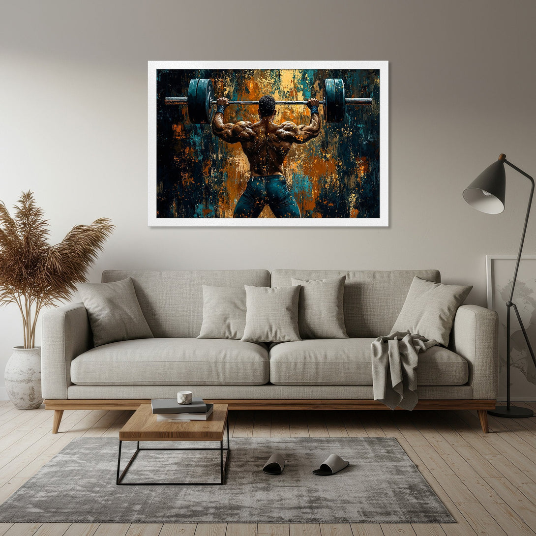 Framed Poster featuring a weightlifter in an abstract style with a blue, orange, and black color palette. Perfect for home gym decor!