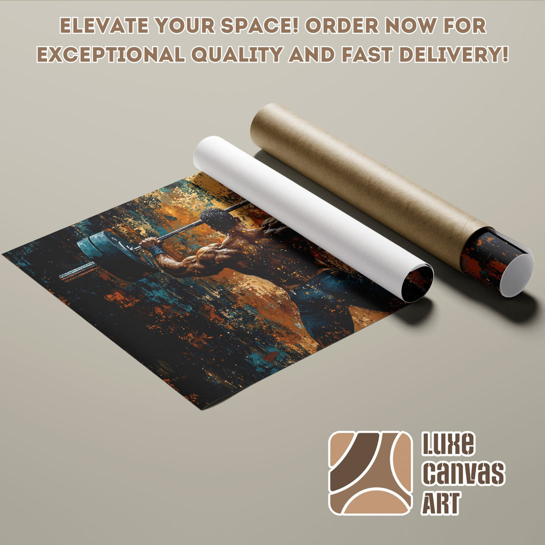 Abstract weightlifter Poster Roll in teal, orange, and black. Elevate your space!