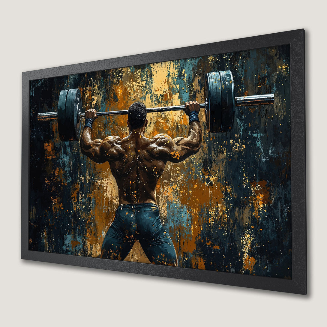 Framed Poster of a weightlifter. Abstract style with blue, gold, and brown color palette. Perfect for gym decor.