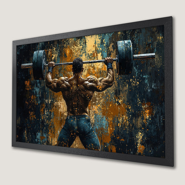 Framed Poster of a weightlifter. Abstract style with blue, gold, and brown color palette. Perfect for gym decor.