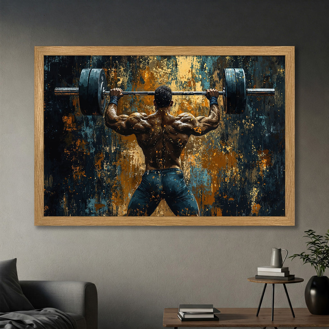 Framed Poster of a weightlifter. Abstract art style with a dark, moody color palette of blues, golds, and browns. Perfect for gym decor.