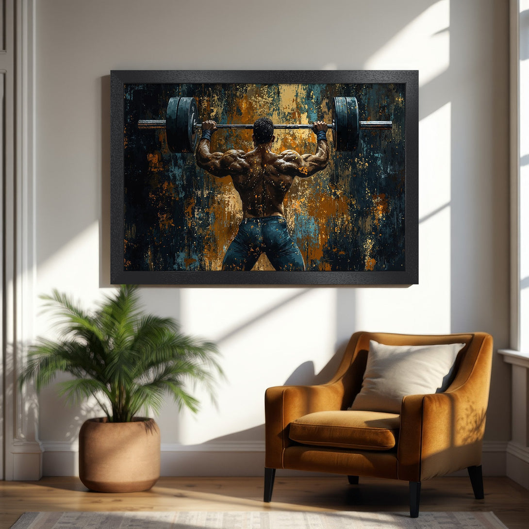 Framed Poster featuring a weightlifter. Abstract style with a dark, gold, and teal color palette. Perfect for home gym decor!