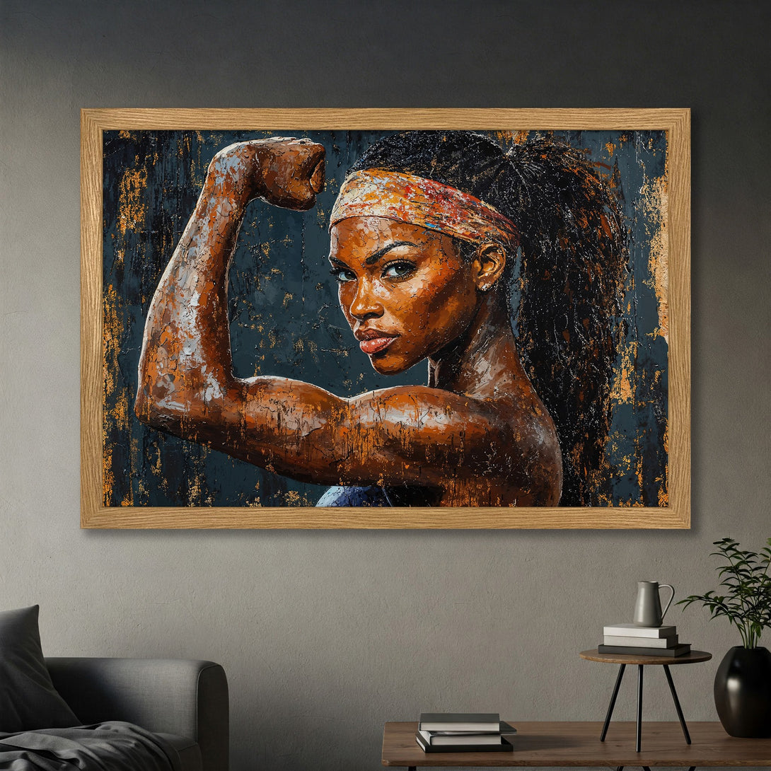 Framed Poster featuring a powerful woman, painted in a textured style with a dark blue, brown, and gold color palette. A statement piece!