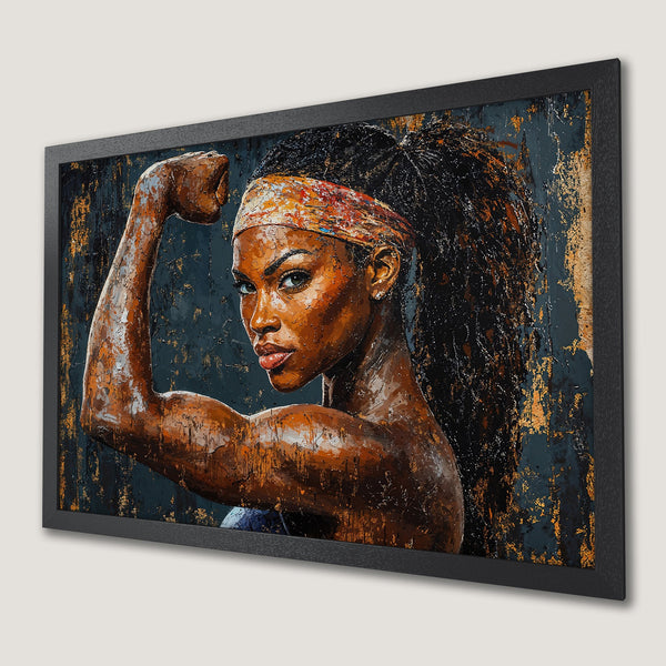 Framed Poster featuring a strong Black woman. Bold, textured oil painting style with a dark blue, orange, and gold color palette. Empowering wall art.