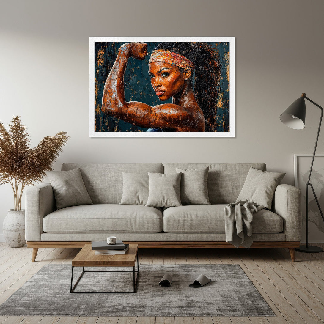 Framed Poster featuring a strong woman in a bold, textured style with a teal, orange, and brown color palette. Perfect for empowering decor!