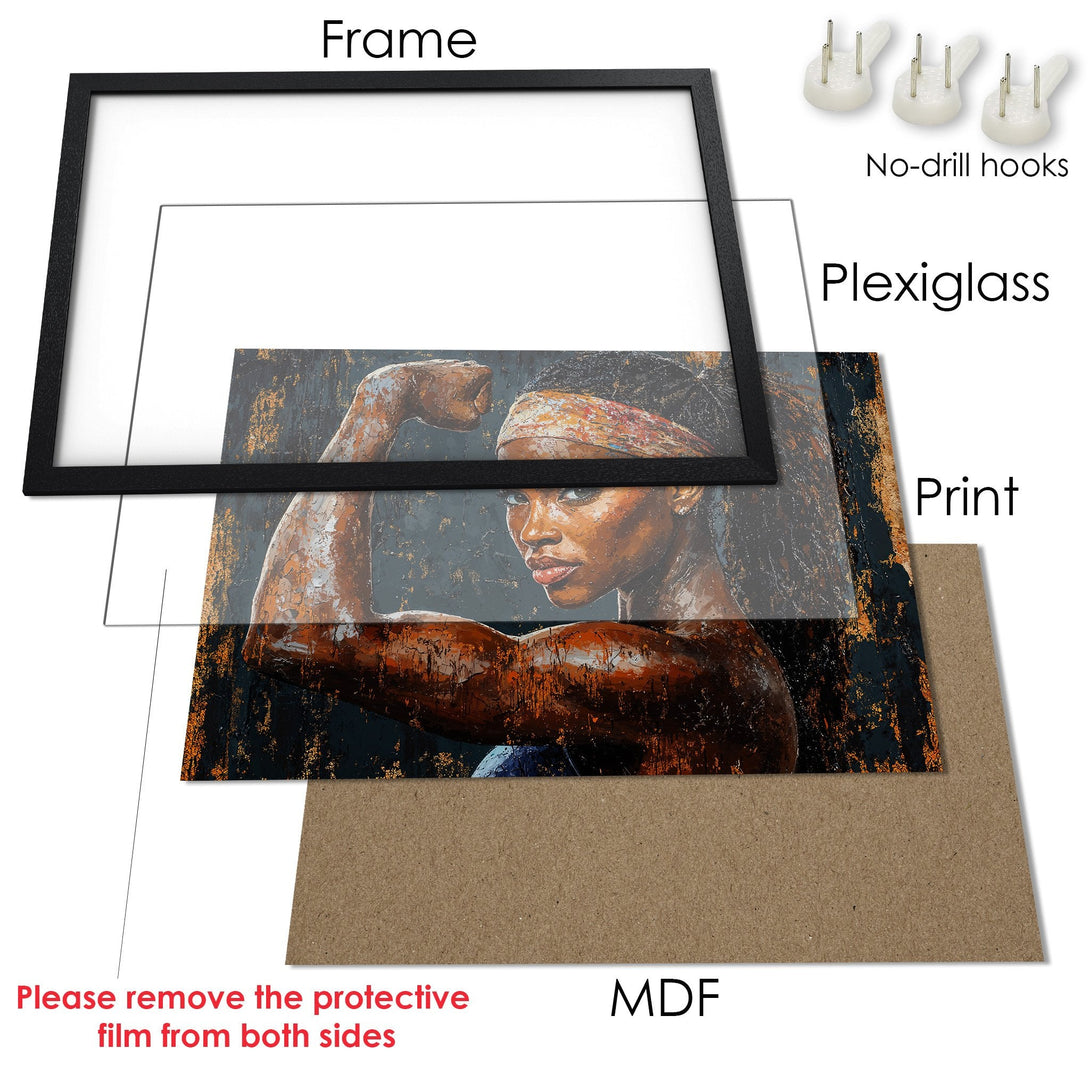 Framed Poster featuring a powerful Black woman. Bold portrait art with a dark, earthy color palette. Ready to hang!